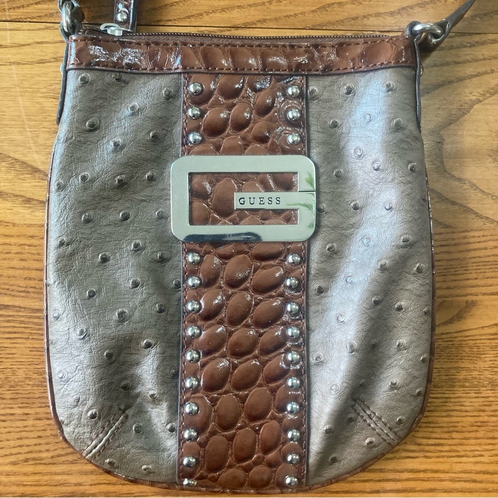 Guess Brown and Taupe Croc-Accent Studded Crossbody